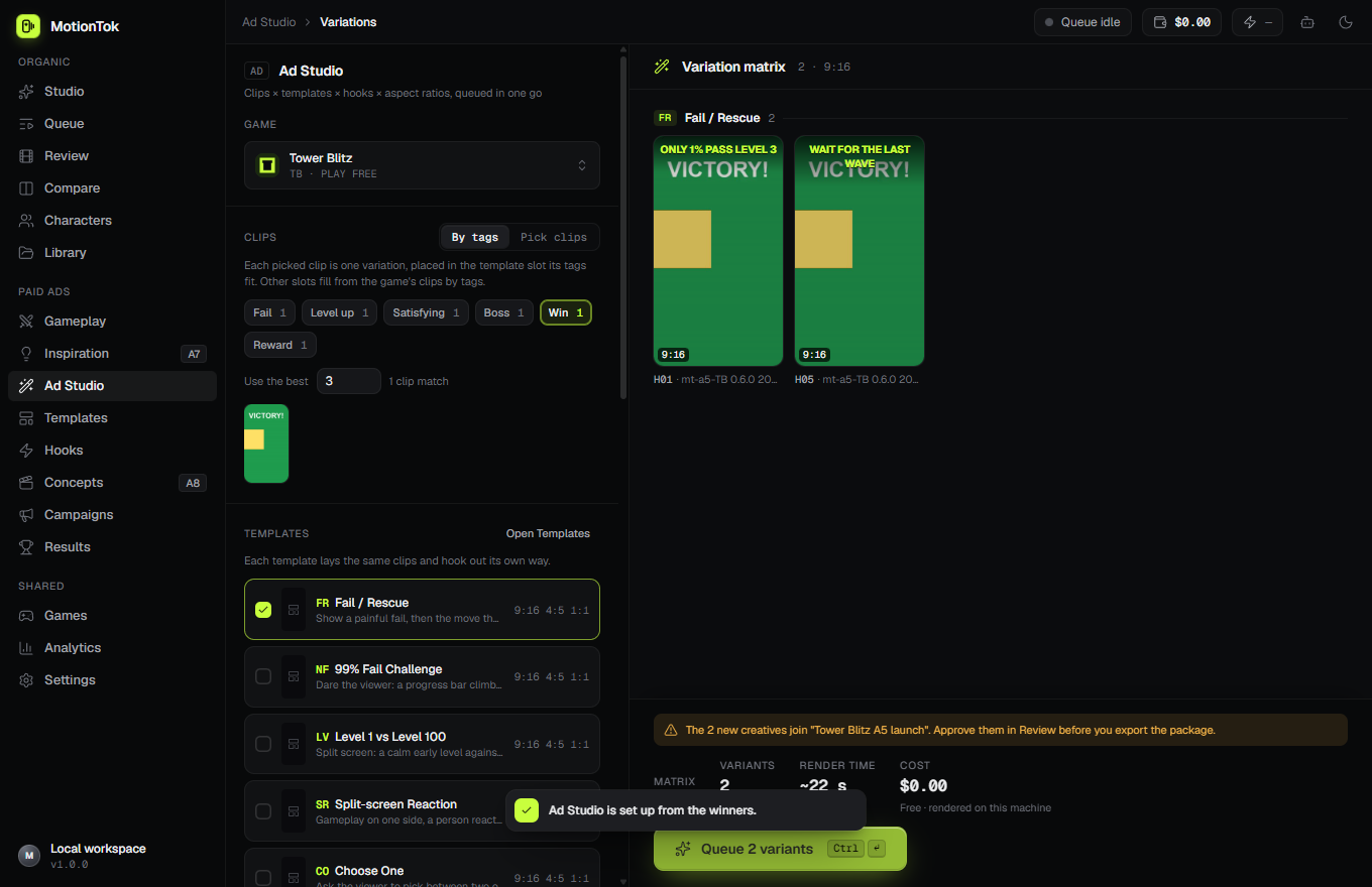 MotionTok's development interface showing the Ad Studio, gameplay selection, ad templates and a variation matrix.
